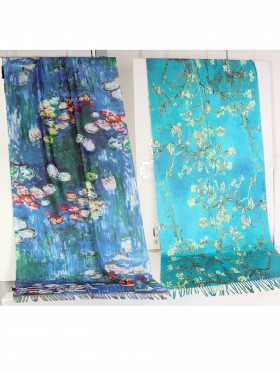  Almond Blossoms & Water Lilies Double-sided Oil Painting Scarf
